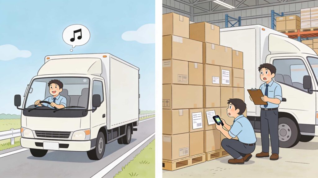 運転を想像していたトラック運転手が大量の荷物を検品しているイラスト