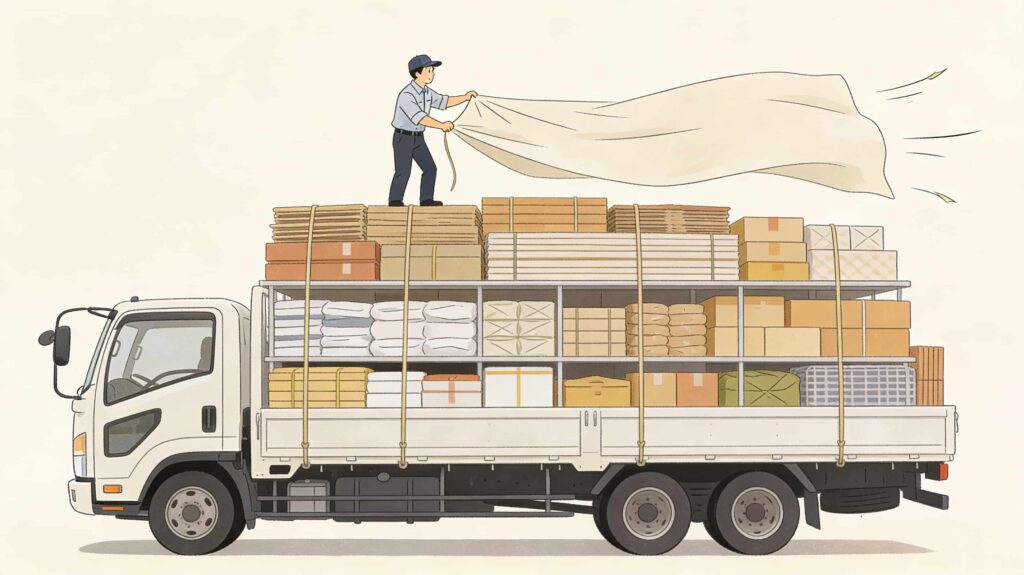 平ボディートラックの荷物の上でシート掛けをするトラック運転手のイラスト