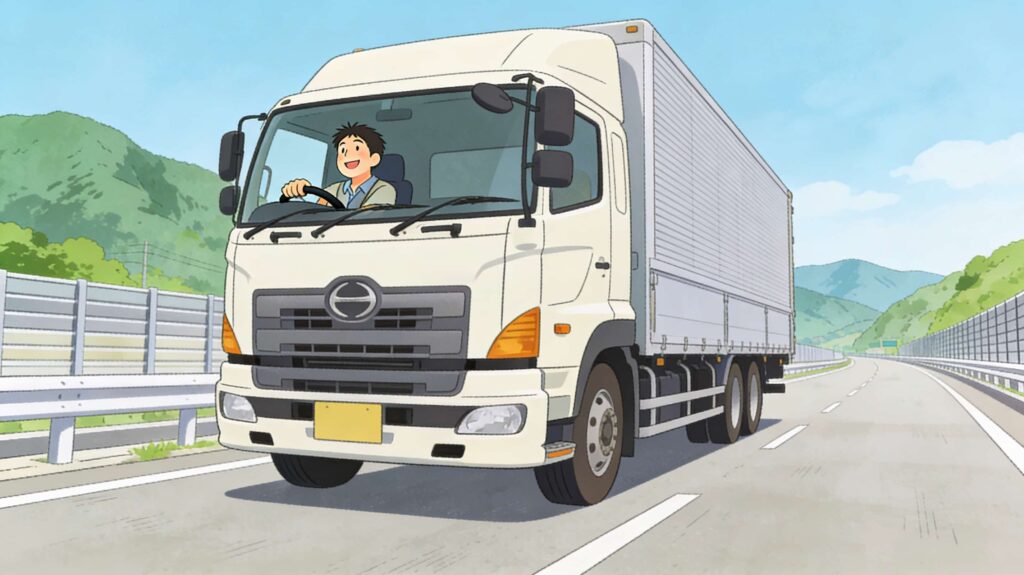 景色の良い高速道路を気持ちよく走る大型トラックのイラスト