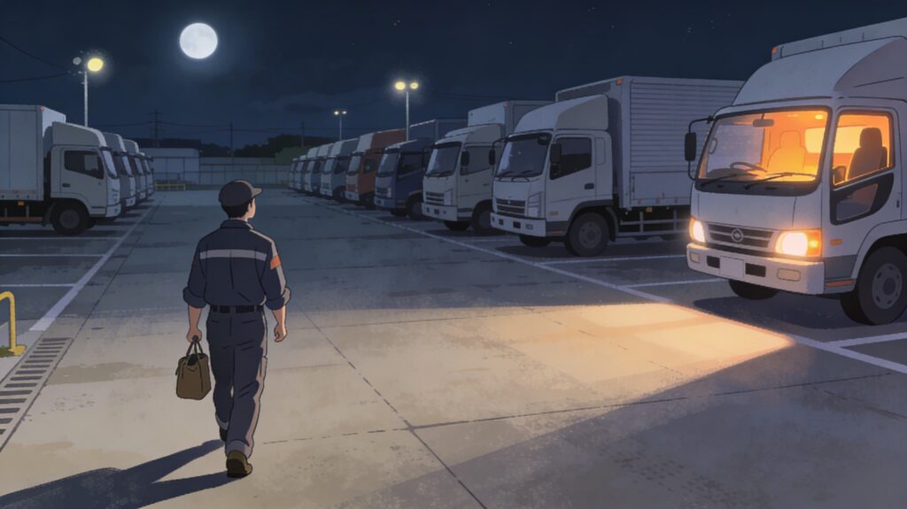 まだ暗い深夜に出社する男性ドライバー