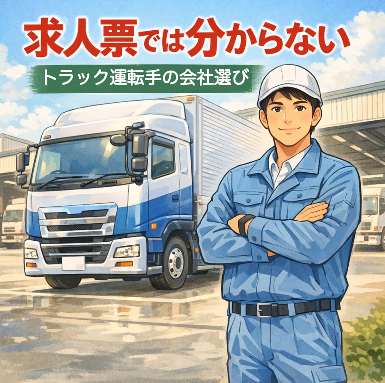 身だしなみの整ったトラック運転手と綺麗なトラックが並ぶ車庫のイラスト
