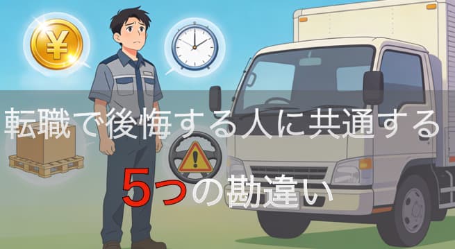 トラック運転手と4つの勘違いアイコンのイラスト