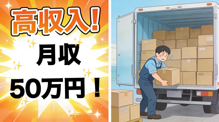 　高収入と書かれた求人広告と重い荷物を手積みするトラック運転手のイラスト