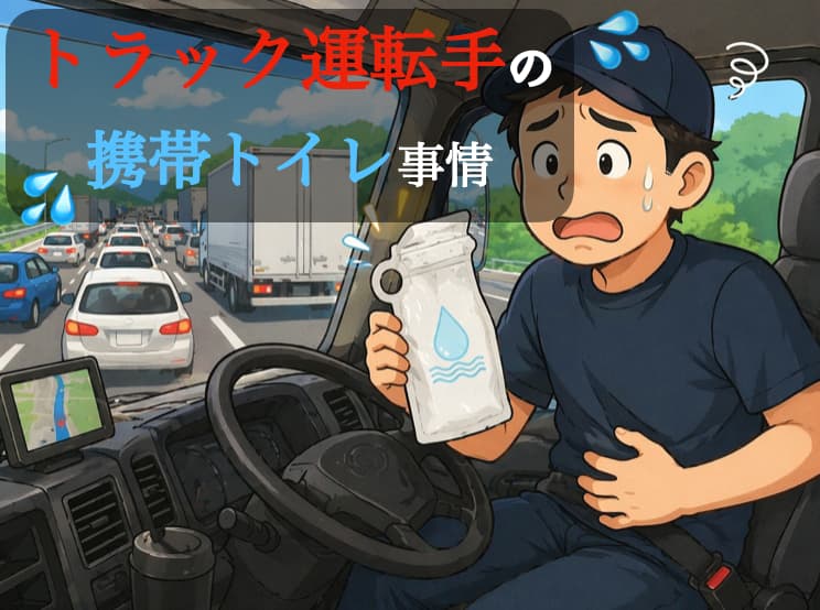 渋滞中の高速道路で携帯トイレを持ち困っているトラック運転手のイラスト
