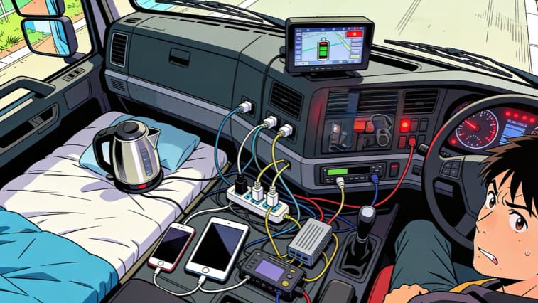 大型トラックの車内で、電気ケトルやスマホ、タブレット、ナビ、オーディオなど多くの電装品を同時使用し、バッテリーに負担がかかっている様子を描いたイラスト