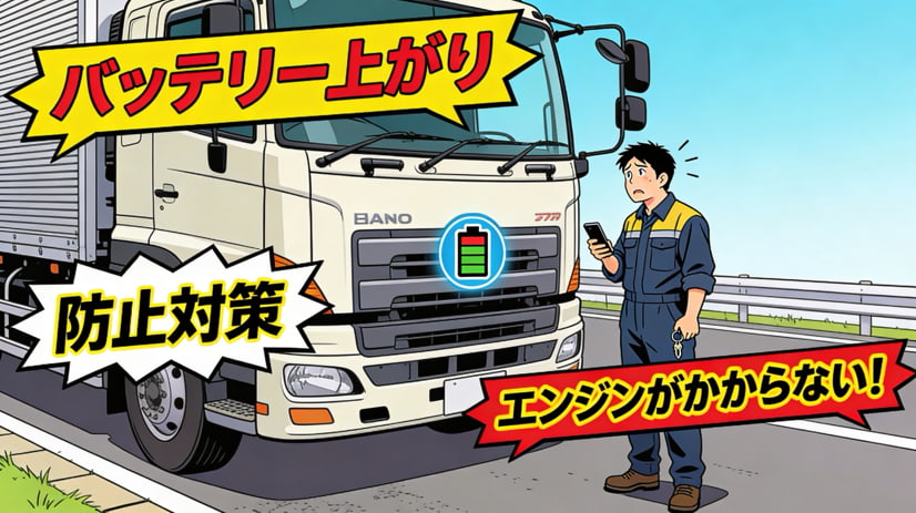 「道路脇に停まった日本の大型トラックの横で、エンジンがかからず困っている男性ドライバーが立っており、『バッテリー上がり』『防止対策』『エンジンがかからない！』の文字が入ったアイキャッチ用イラスト」