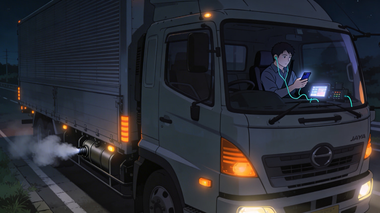 夜間、道路脇に停車してアイドリングしている大型トラックが、マーカーランプやライトを点けたまま排気ガスを出し、運転席ではドライバーが充電コードを差したスマホ画面を見ている様子を描いたイラスト