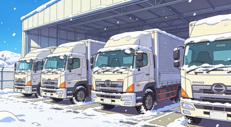晴れた冬の日中、雪が積もった運送会社の車庫に、数台の大型トラックが整然と並んで停まっている様子を描いたイラスト