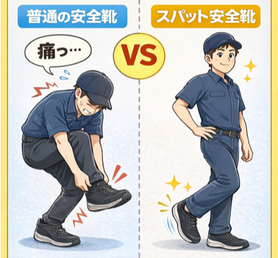 普通の安全靴とスパット安全靴の違いを比較したイラスト