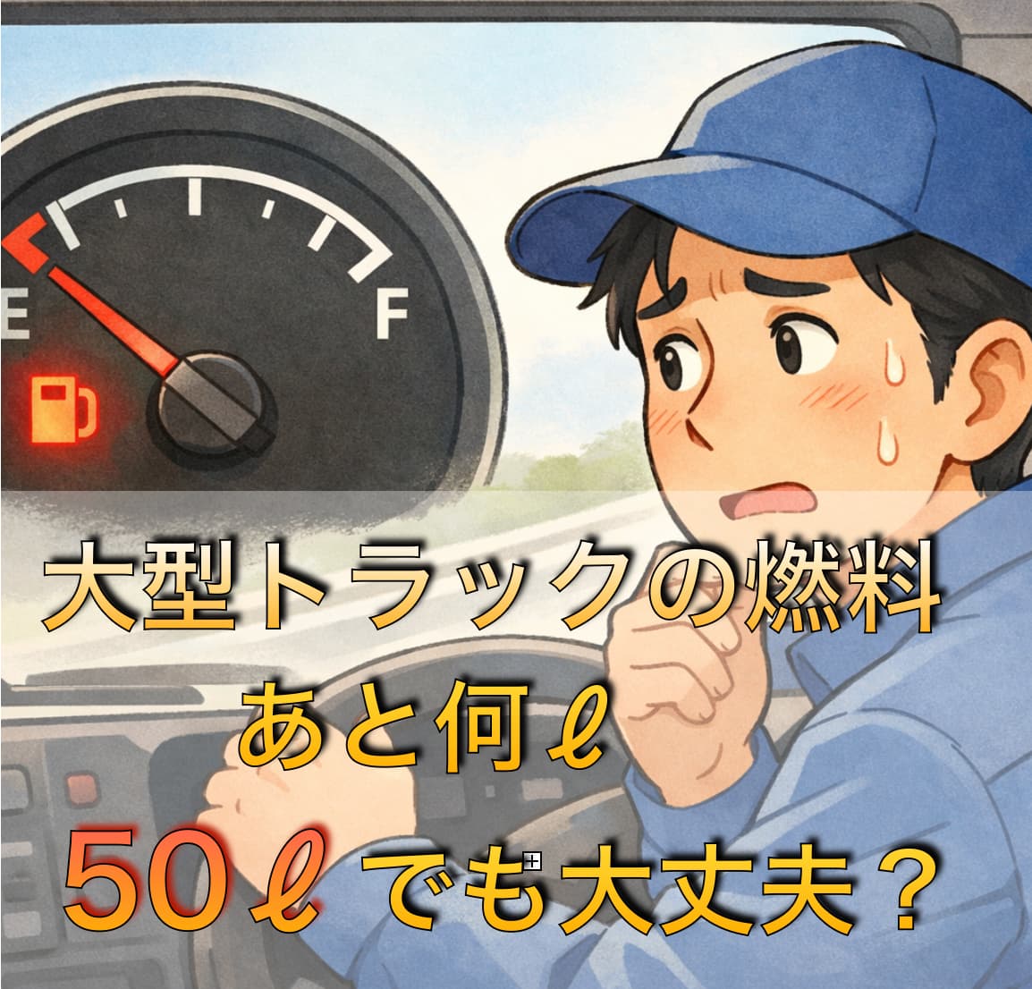 燃料残量が少なく不安になるトラック運転手のイラスト