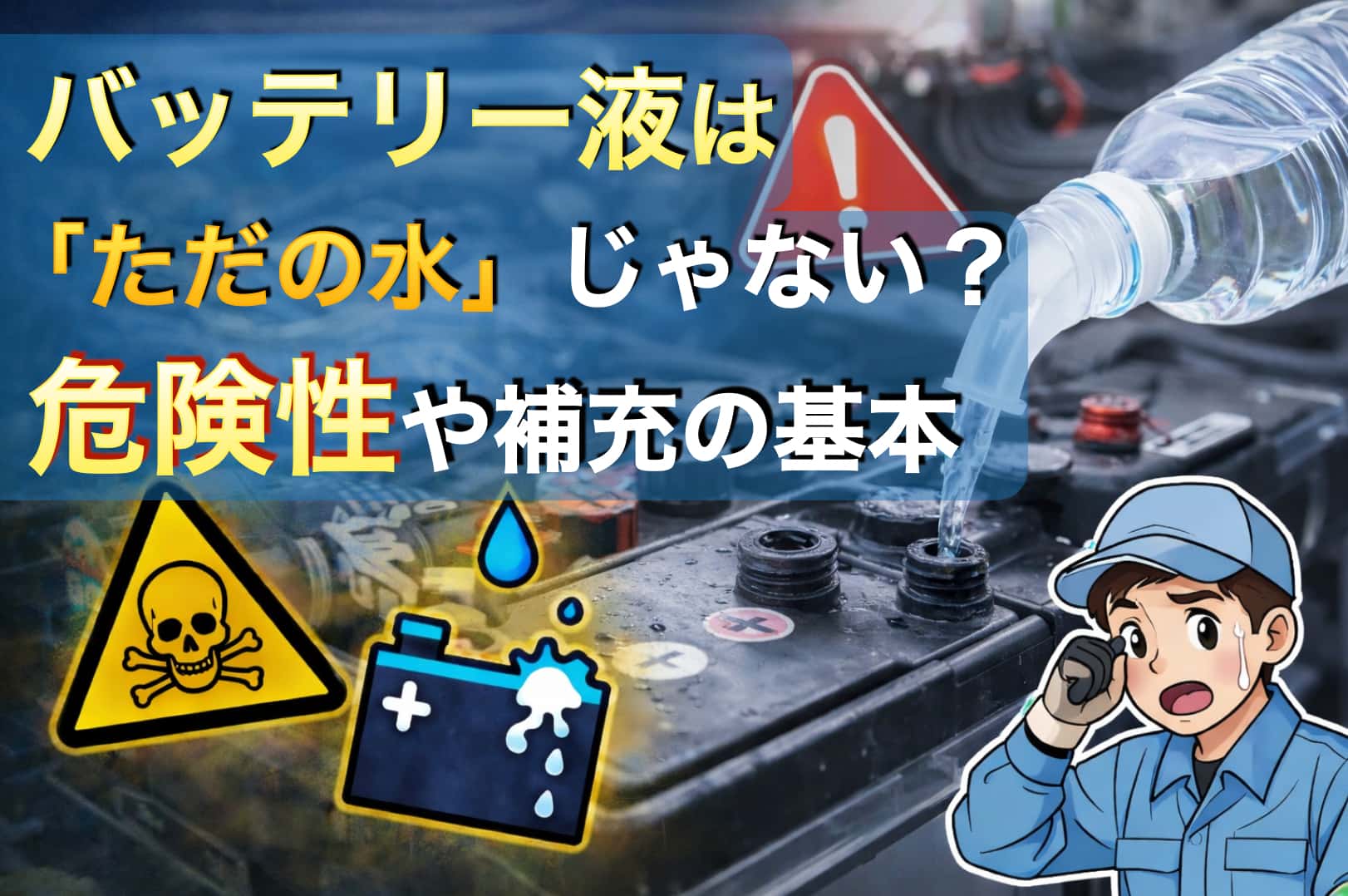 バッテリー液の補充作業と危険性を表したトラック用バッテリーのイメージ