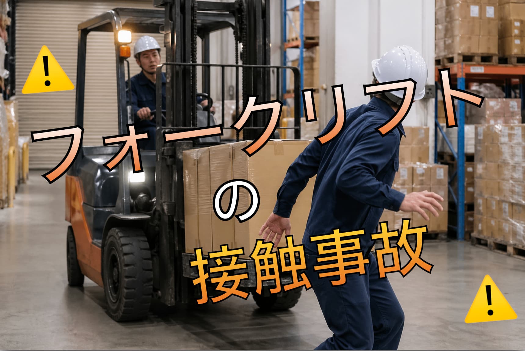 フォークリフトが作業員に接近しヒヤリとする接触寸前の倉庫内の様子