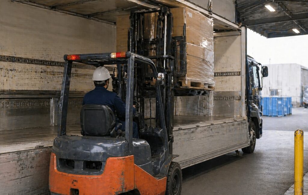 フォークリフトでトラックに積み込み中に荷物が天井に当たりそうな状況