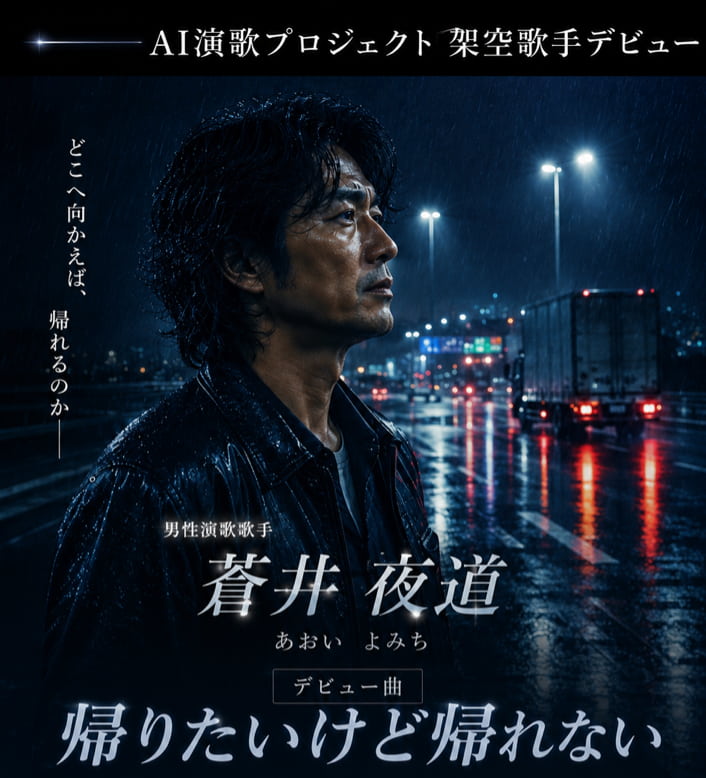 架空のAI歌手(男性)のデビュー曲のポスターの画像