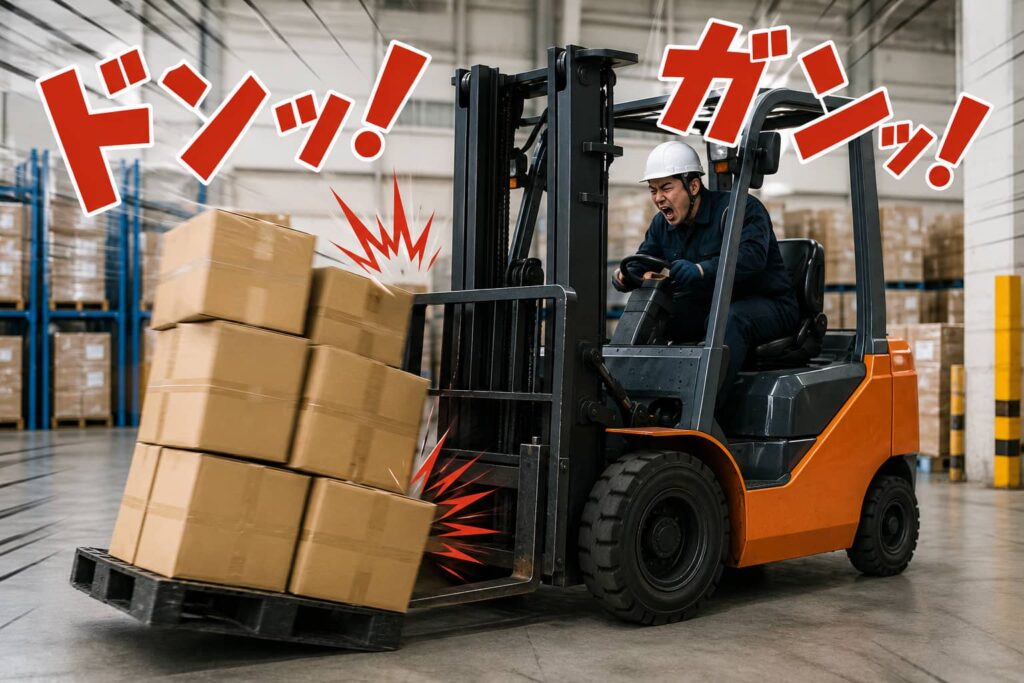 荒い操作で荷物をぶつけそうになるフォークリフト作業