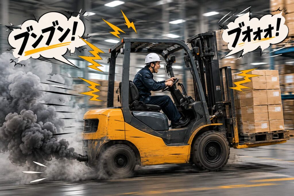 排気ガスを出しながら荒い運転をするフォークリフト