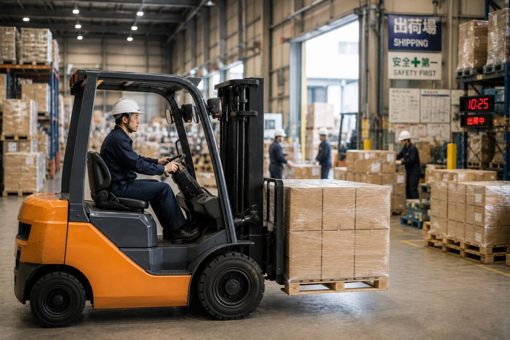 忙しい現場でも落ち着いて作業するフォークリフト運転手