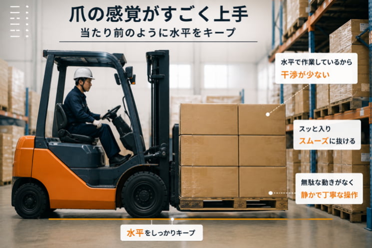 爪を水平に保ちながら丁寧に荷物を扱うフォークリフト作業