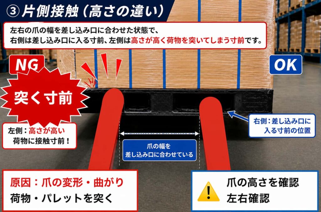 フォークリフトの爪の高さズレにより片側が荷物に接触寸前の状態