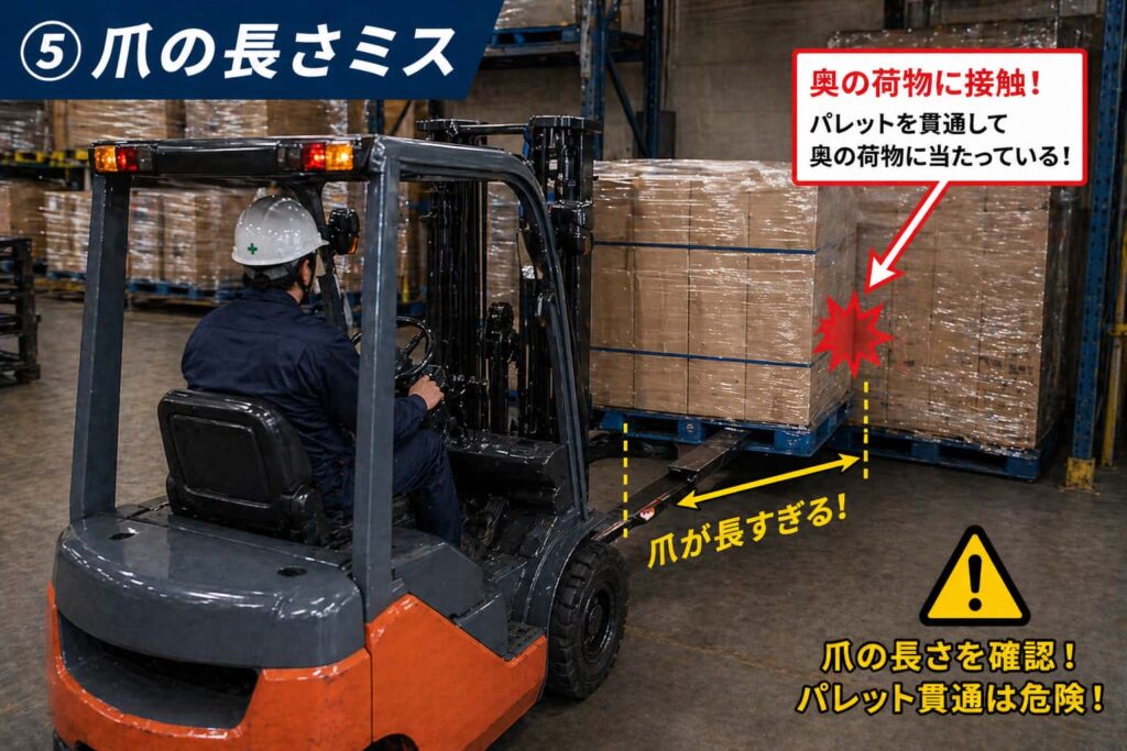 フォークリフトの爪がパレットより出ていて奥の荷物に接触する危険な状態