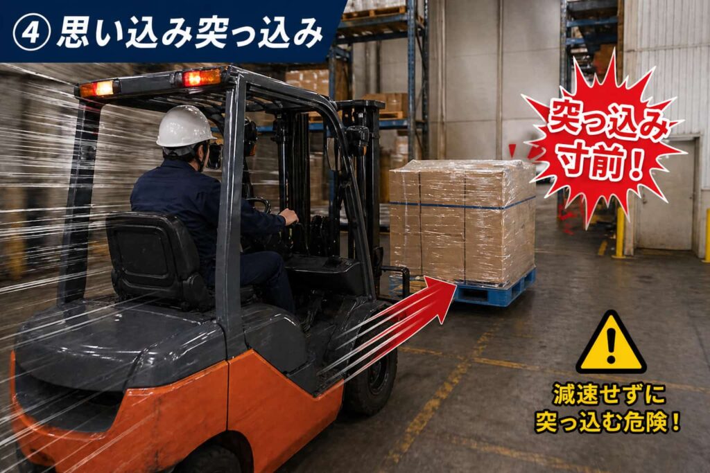 減速せずフォークリフトがパレットに突っ込みそうになる危険な場面