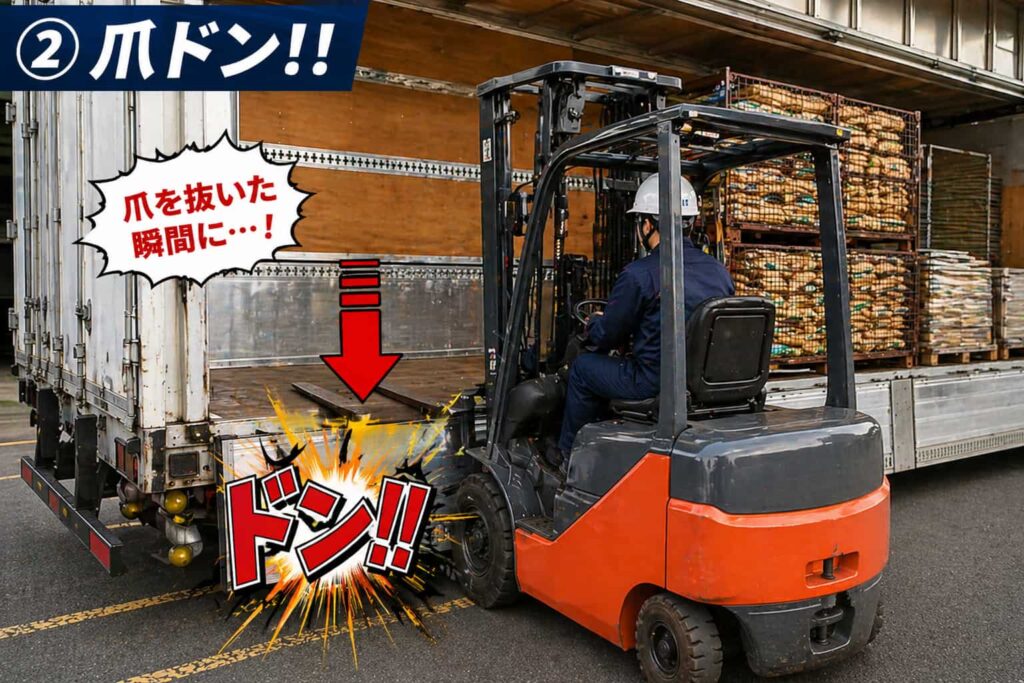 フォークリフトの爪を抜いた瞬間にストンと落ちる危険な動きの様子