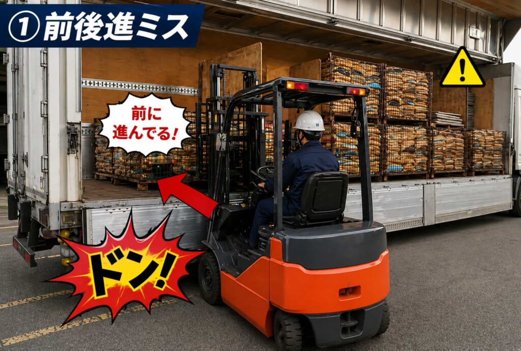 フォークリフトが前進のままトラックのあおりに接触しそうになる場面