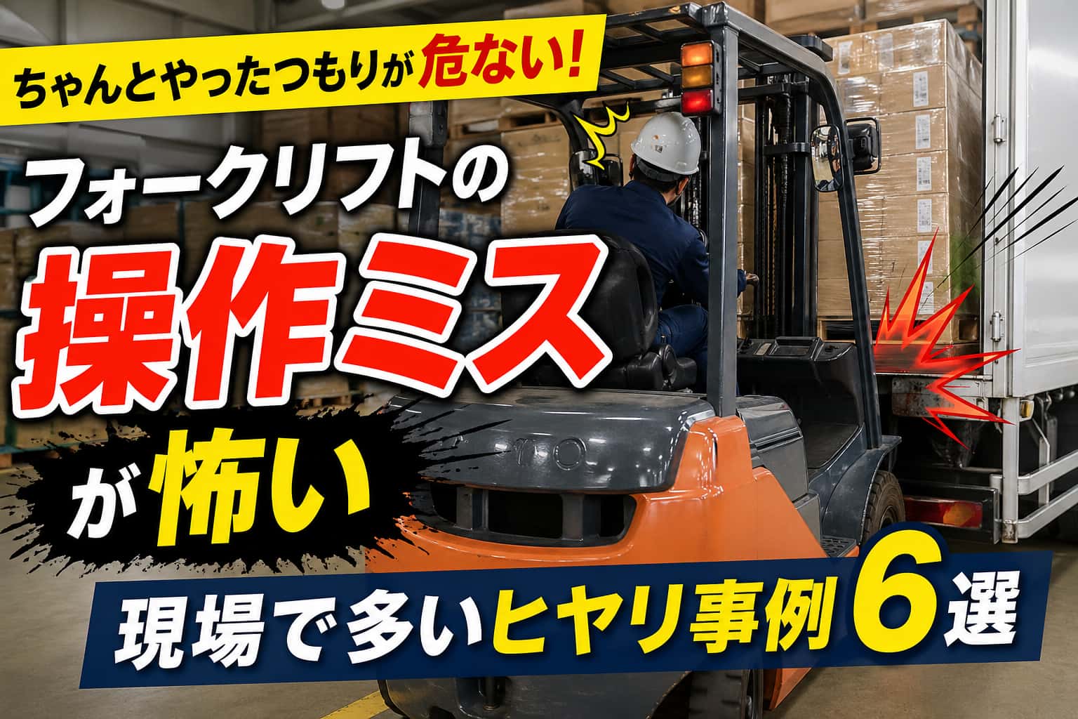 フォークリフトの操作ミスによる接触事故をイメージした安全注意イラスト