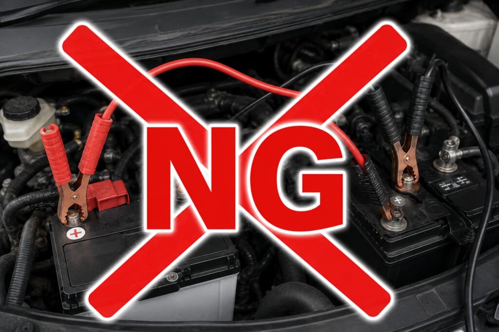 バッテリーの救援時にやってはいけないことを表現した画像。大きく❌とNGの文字がある。