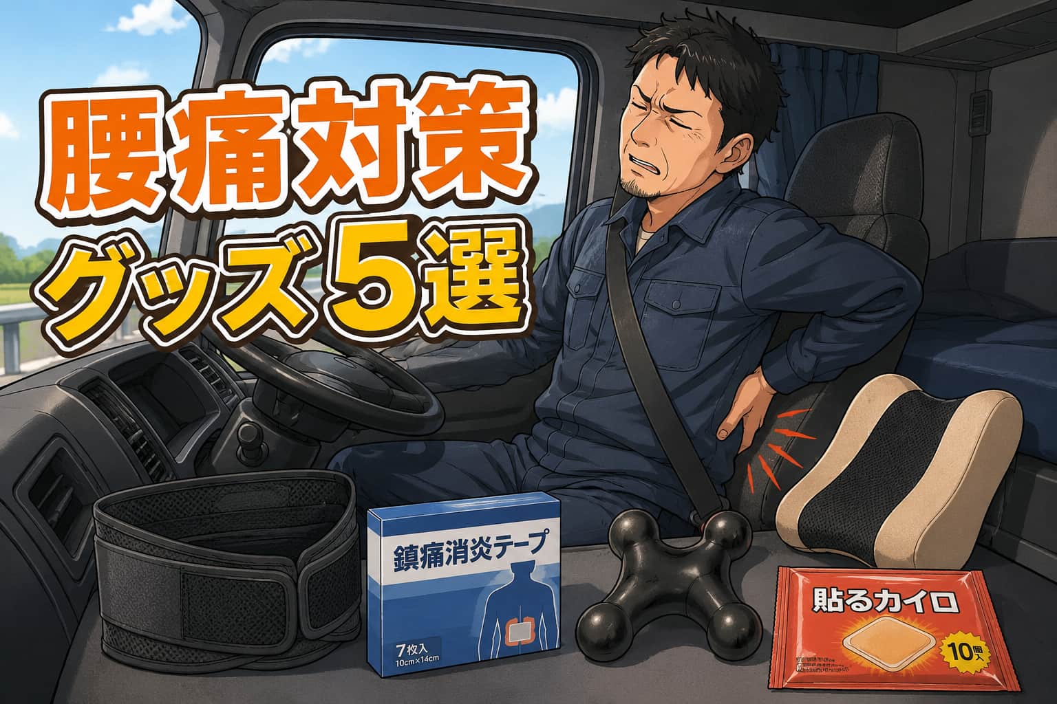 運転席で腰に手を当てて痛そうな表情をしている男性ドライバー。湿布、カイロ、指圧グッズが置いてあるアイキャッチ画像