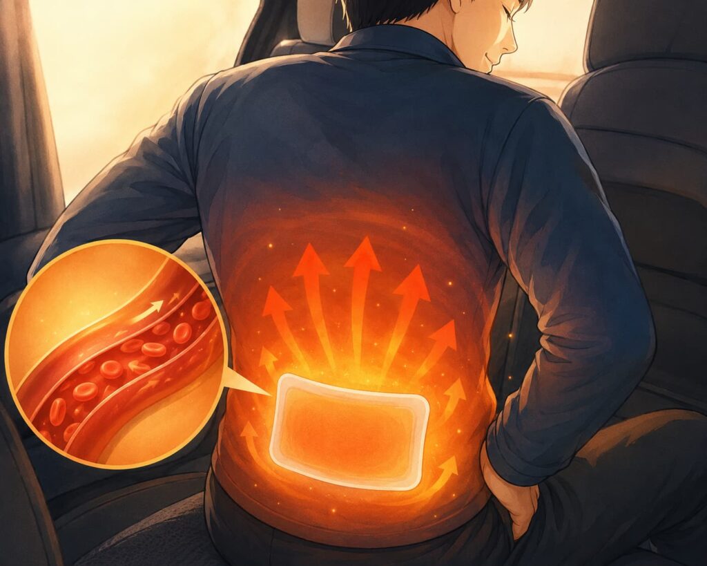 腰を貼るカイロで温め血行が良くなり気持ちよさそうにしている男性ドライバー