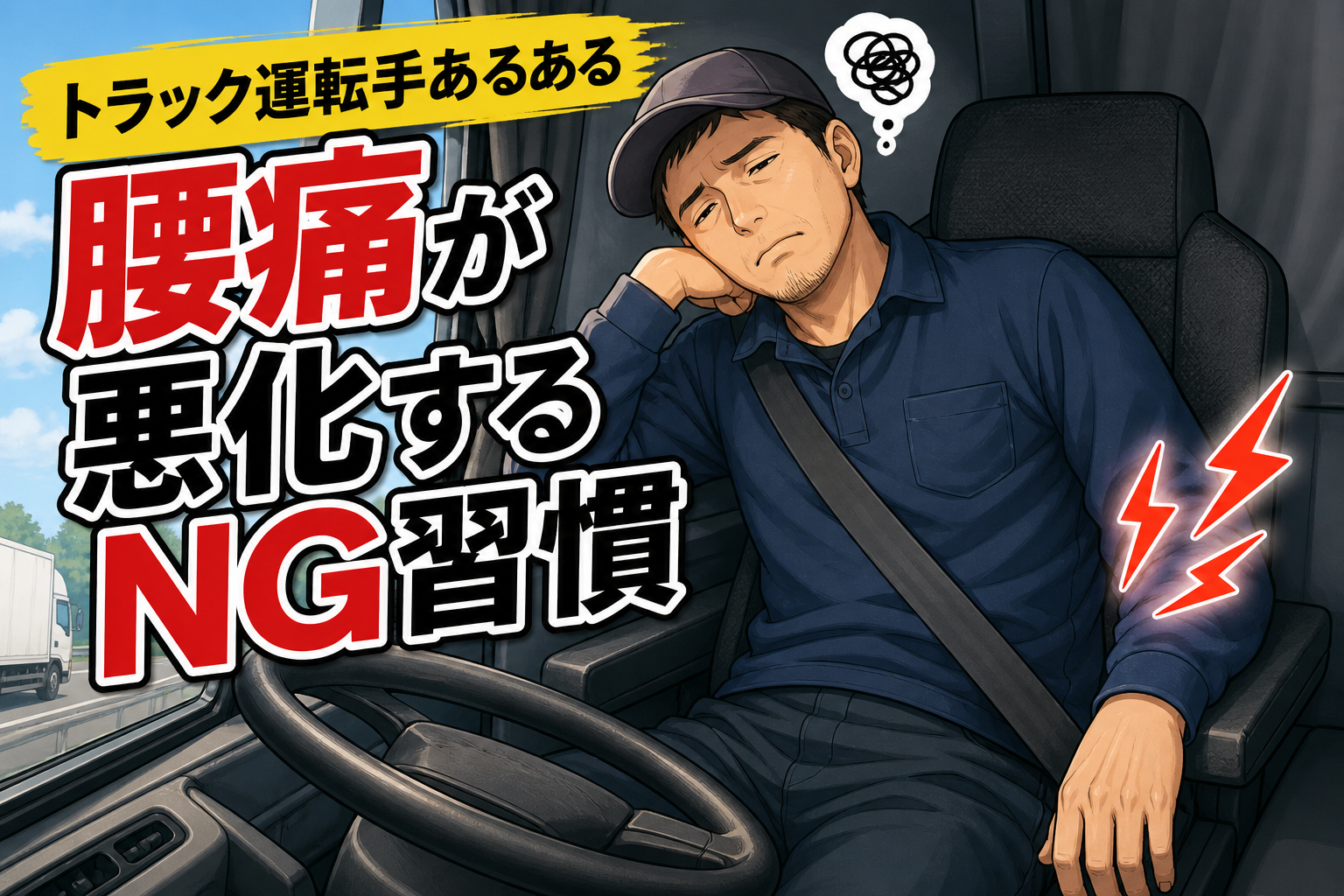 トラック運転手が右に傾いた姿勢で腰に負担がかかっている様子