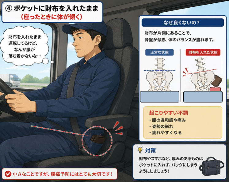 後ろポケットに財布を入れたまま座り体が傾いている様子