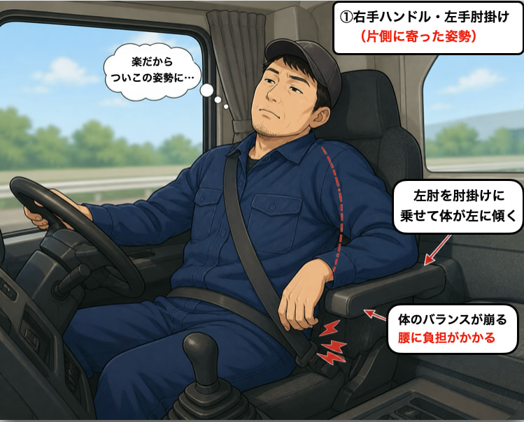  左肘を肘掛けに乗せ体が左に傾いて運転している様子