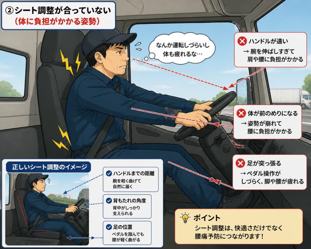 シート位置が合わず腕を伸ばして運転しているドライバーの姿勢