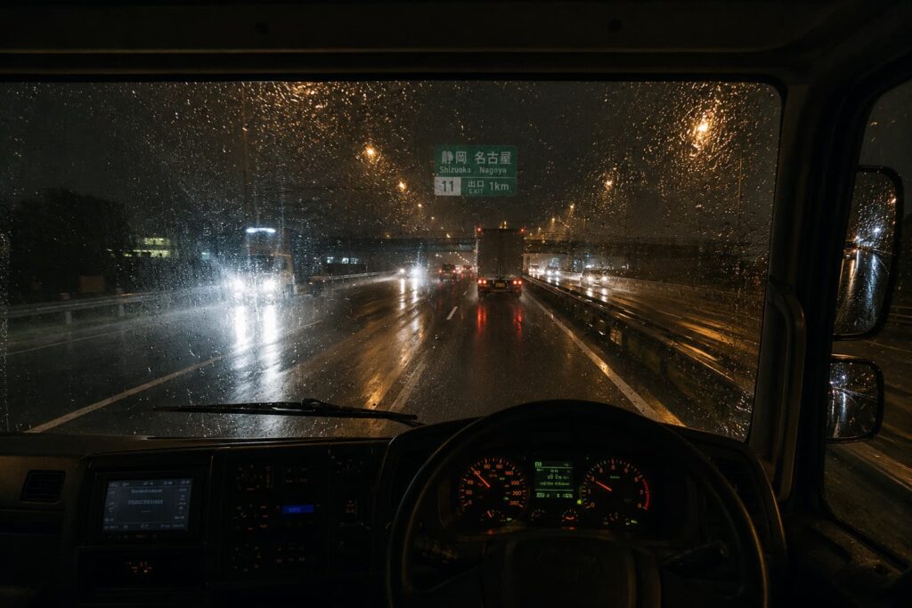 雨の夜の高速道路を走行中の運転席視点 視界が悪く神経を使う様子
