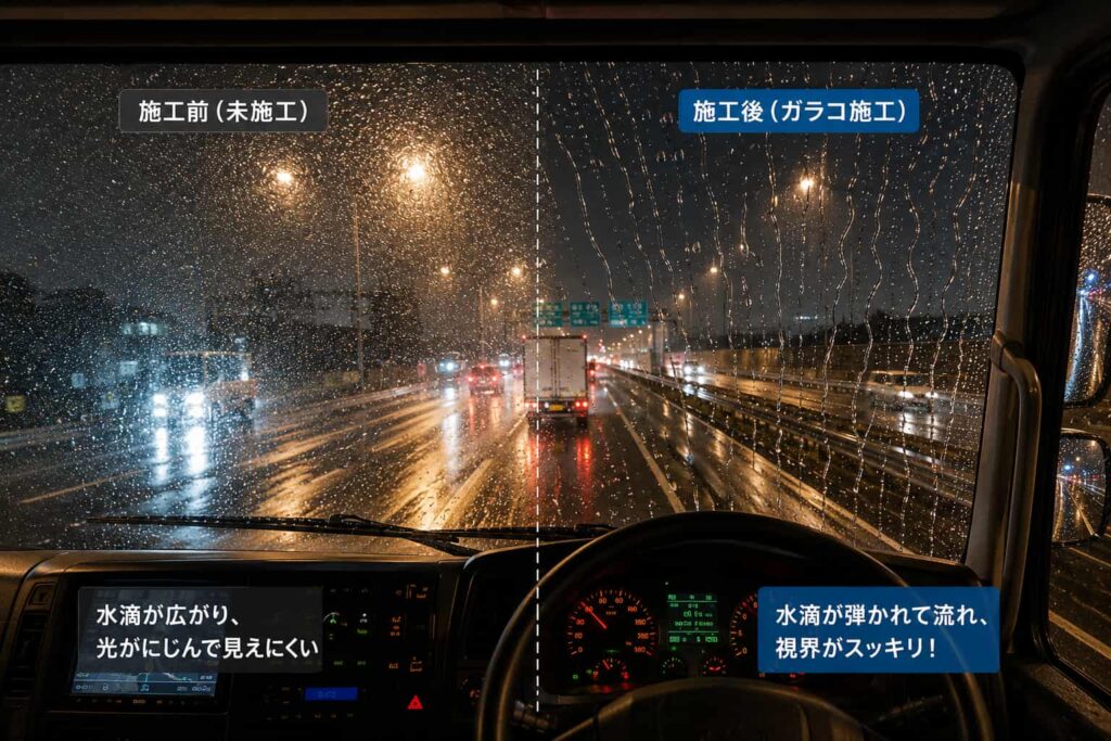 ガラコ施工前と施工後の比較イメージ 水滴の流れ方と視界の違い
