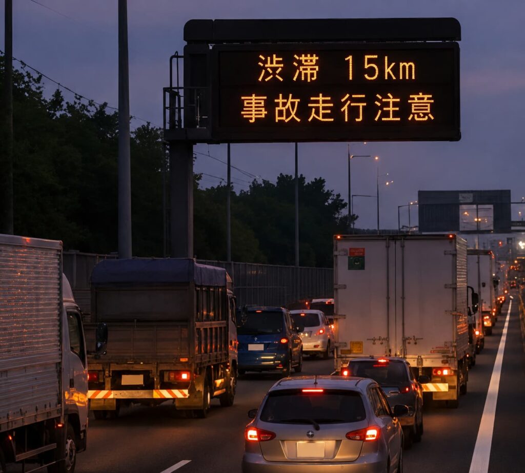 渋滞している道路と「事故渋滞」と表示されている電光掲示板の画像