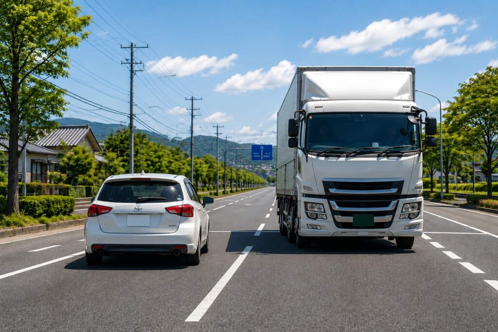 大型トラックと乗用車が並んで走る一般道の画像