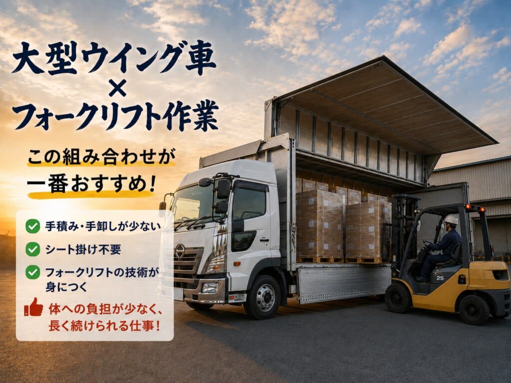 大型ウイング車にフォークリフトで荷役する様子