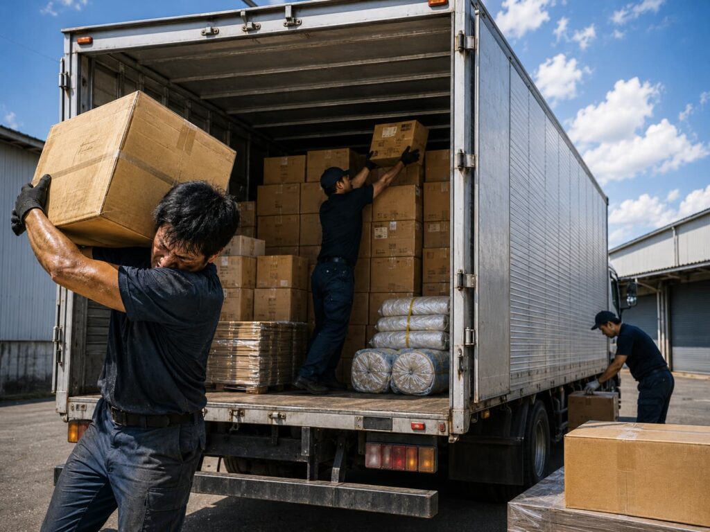 大型トラックに荷物を手積みするドライバー