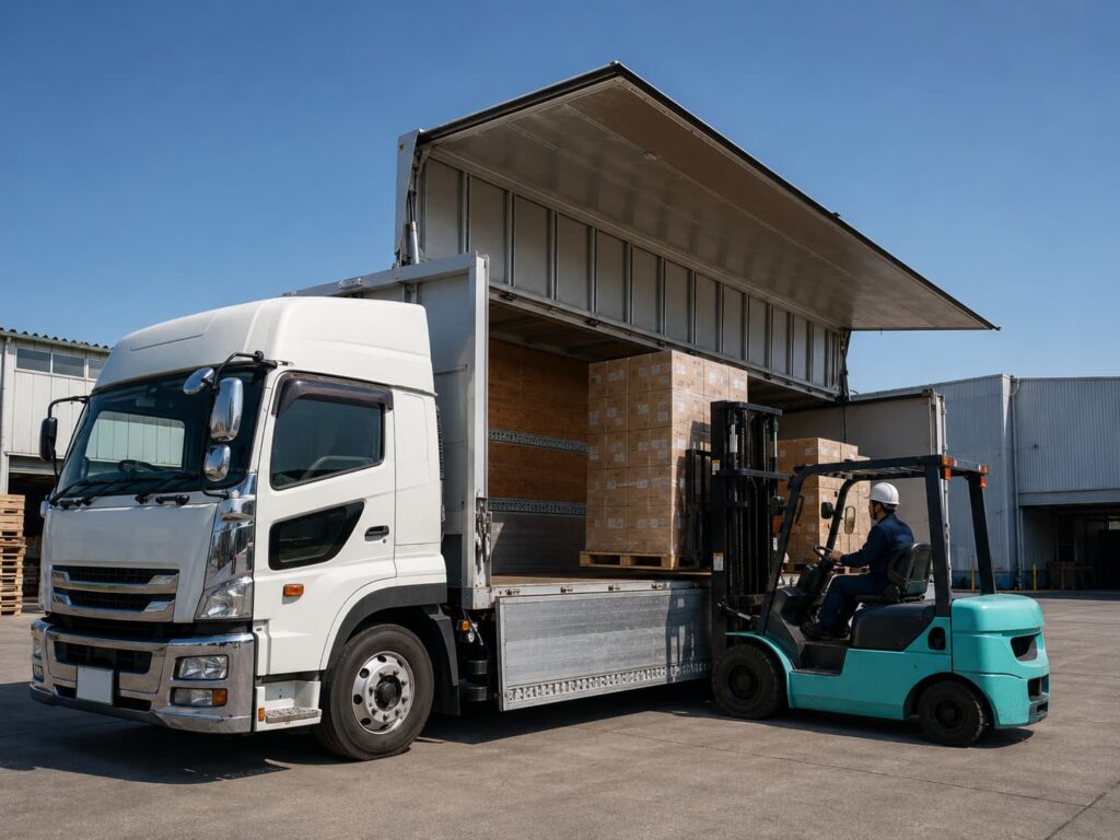 フォークリフトで大型トラックに荷物を積み込む様子