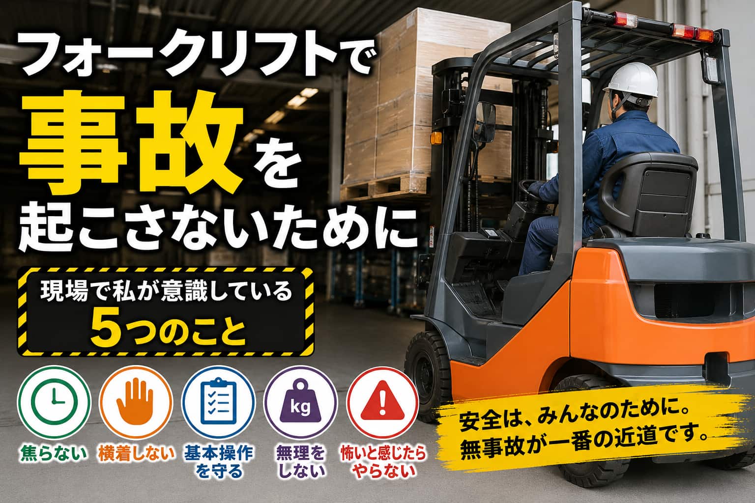 フォークリフトで事故を起こさないために安全作業を行う様子