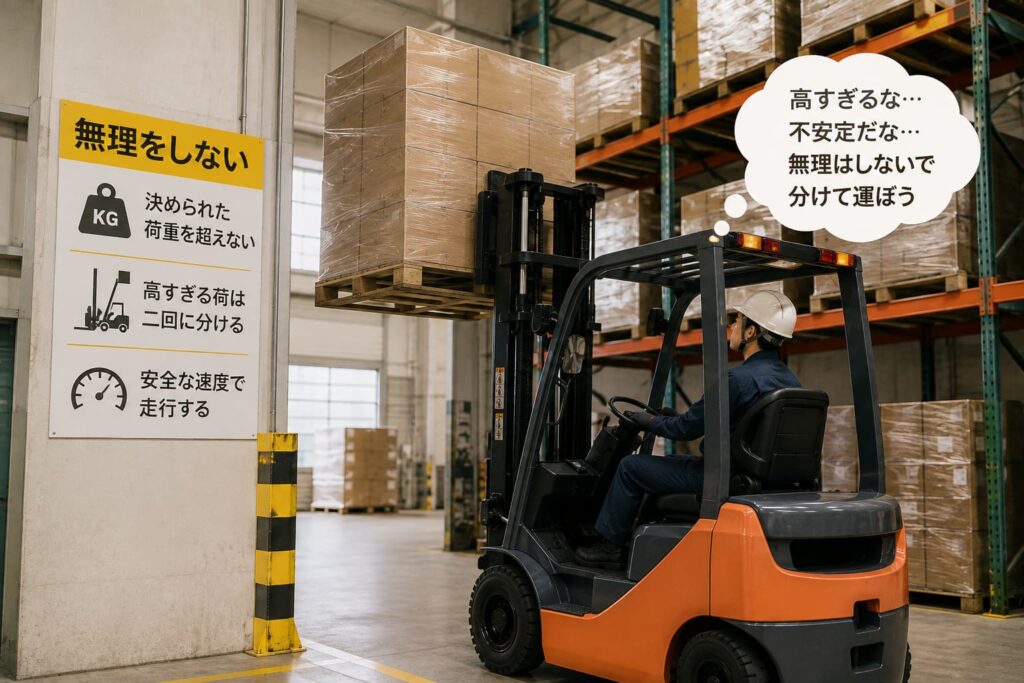 無理な荷役作業をしているフォークリフトオペレーター