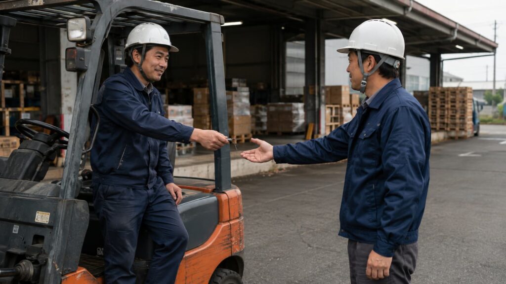 フォークリフトの鍵を作業員同士で受け渡しているイメージ画像
