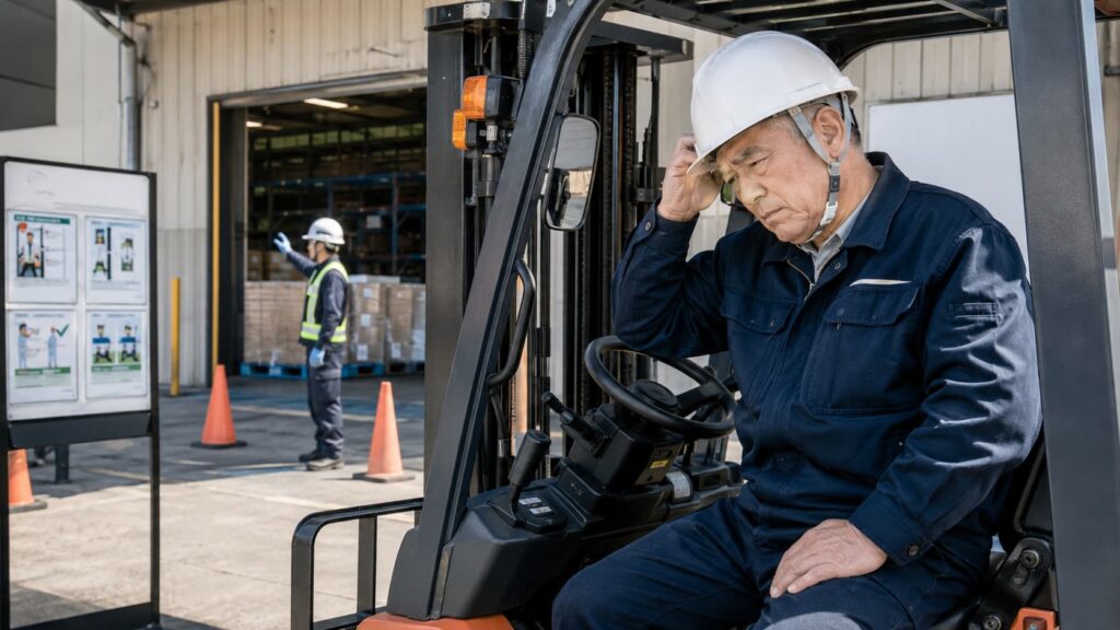 ベテランのフォークリフト作業員が安全ルールの変化に悩むイメージ画像
