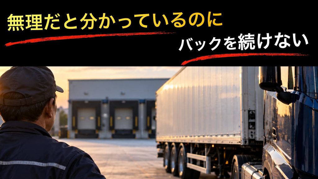 トレーラーがバックしている様子を見ている男性の後ろ姿の画像