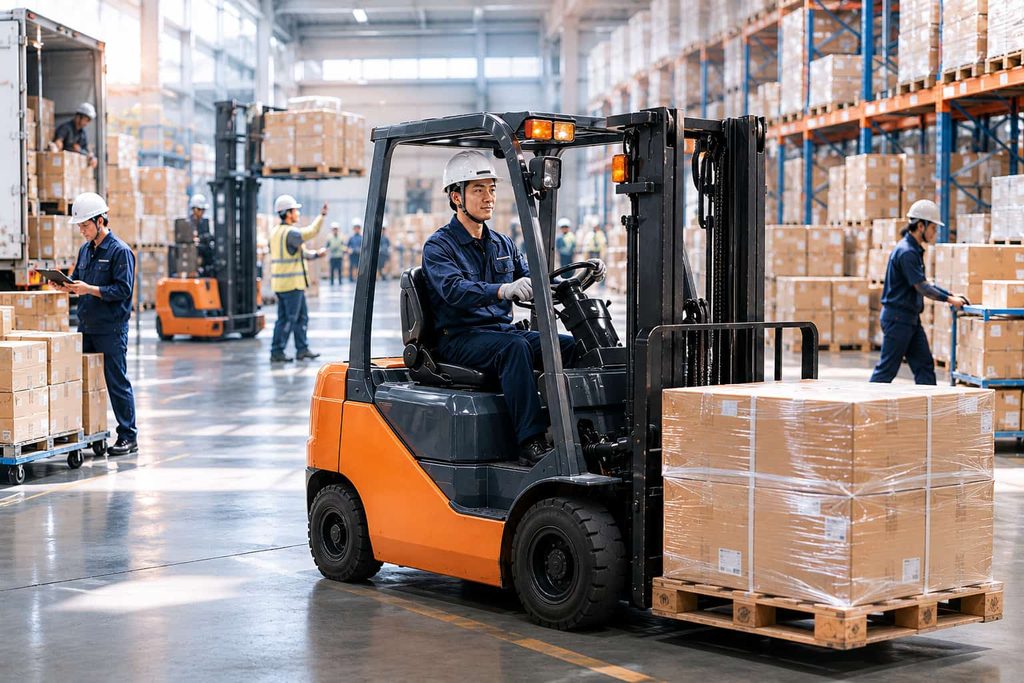 エンジンフォークリフトで荷役をしている作業員の様子