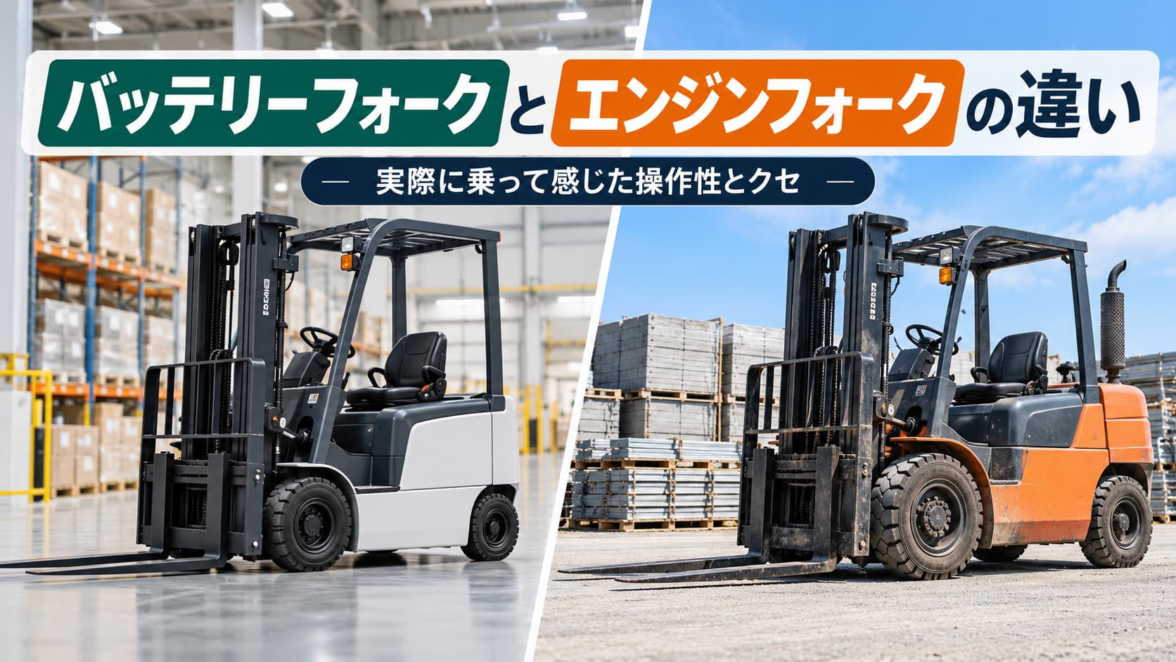 バッテリーフォークリフトとエンジンフォークリフトが並んだ画像。