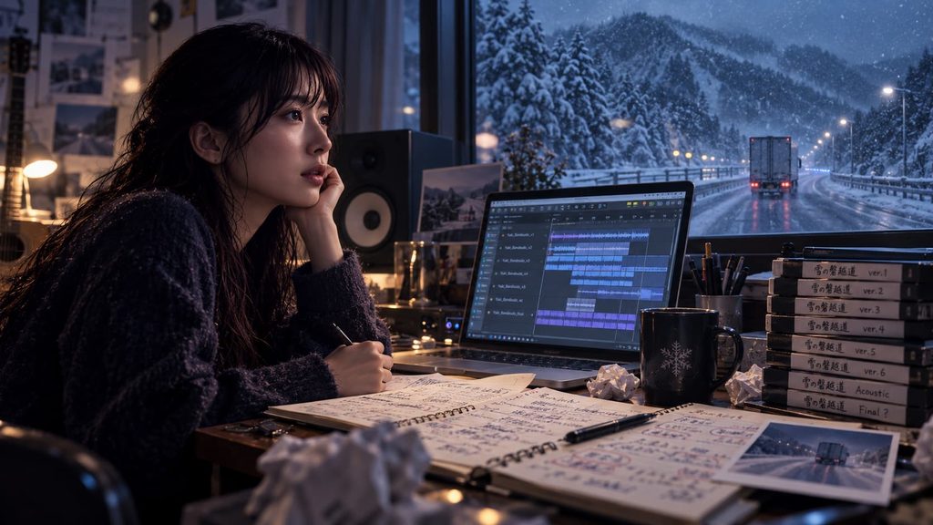 雪の磐越道を何度も作り直す雨宮涼子の音楽制作風景